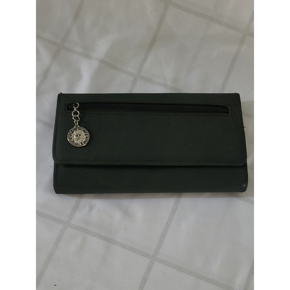 Womens Classic Black Wallet with Front Zip and Zodiac Charm